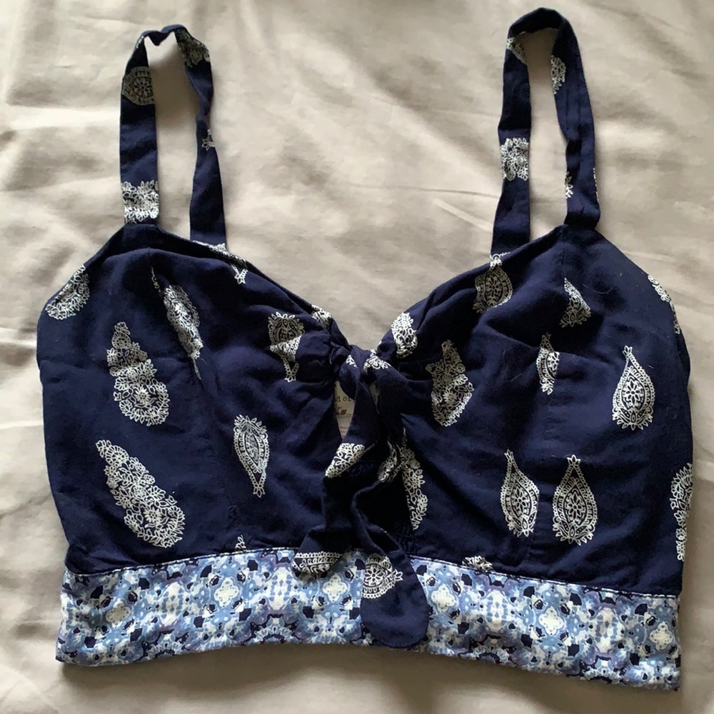 Blue Paisley Front-Tie Crop Top